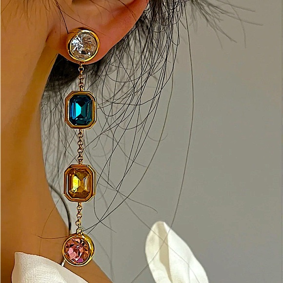 Multicolor Square Dangle Earrings Noble Elegant Face Modifying Earrings - Picture 2 of 8